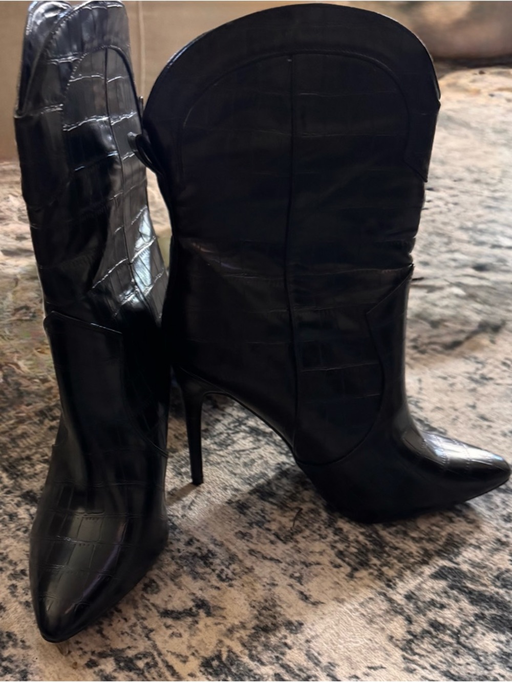 Anne Michelle Black Croc-Embossed Pointed-Toe Stiletto Ankle Boots